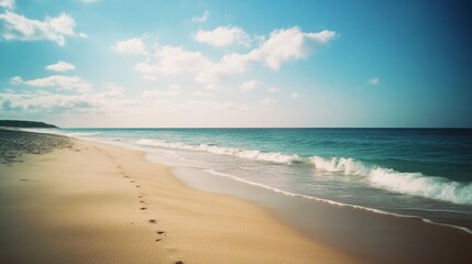 Footprints trail along a serene, sunlit beach as gentle waves kiss the shore, beneath a sky adorned with fluffy clouds.