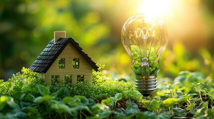 A light bulb with a wooden house on a table signifies ideas related to construction, ecol