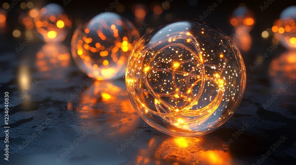 Poster a mesmerizing display of glowing spheres with sparkling lights, creating a captivating and otherworl