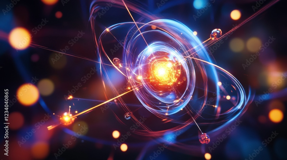 Poster a vibrant, abstract representation of an atom with glowing particles, illustrating concepts of energ