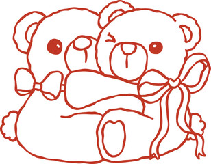 Cute Retro Two Teddy Bears Hug Each Other Outline