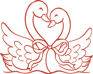 Coquette Lovebirds Swans with Pink Bow Doodle Outline