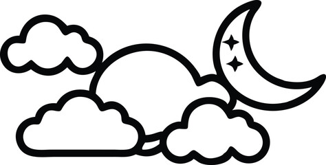 night sky, crescent moon, fluffy clouds, twinkling stars, simple line art, black and white illustration, minimalist design, celestial theme, whimsical, dreamy atmosphere, icon style, vector graphics, 