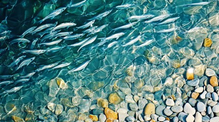 Fototapeta premium Top view of fish swimming in crystal-clear water with pebbles below, depicting the beauty and tranquility of aquatic life.