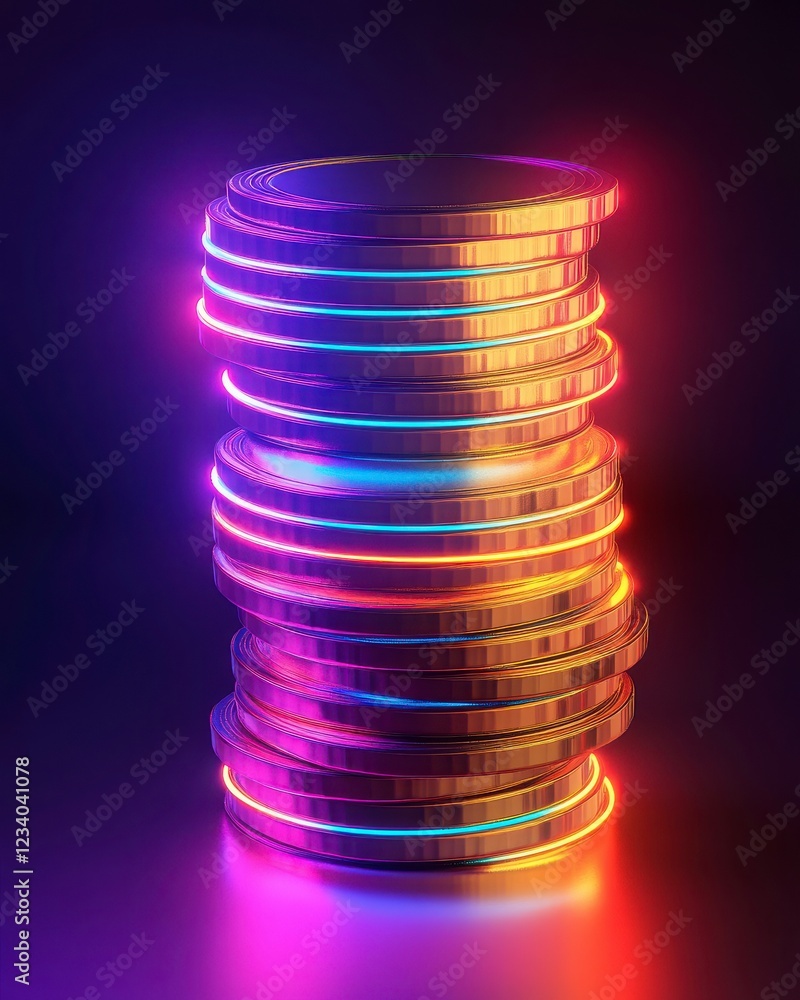 Poster a visually striking stack of coins illuminated with colorful neon lights against a dark background, 