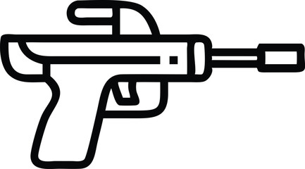 Black and white illustration, simple line drawing, assault rifle, military weapon, minimalist design, iconic firearm silhouette, vector graphic style, gun outline, modern warfare symbol, tactical equi