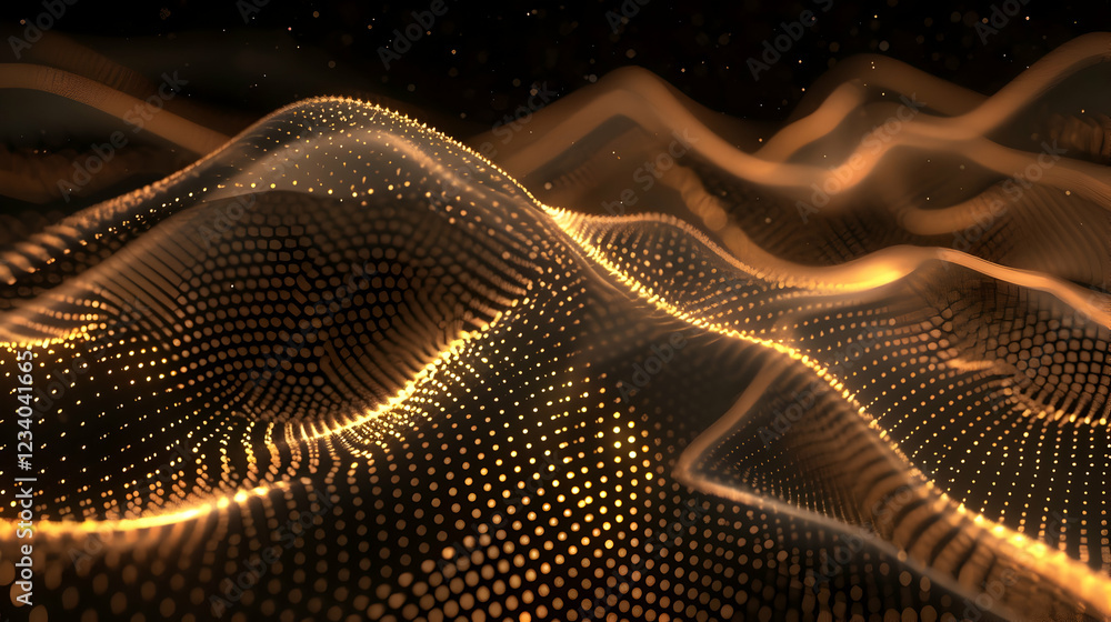 Poster abstract digital landscape with flowing golden waves and dotted patterns.