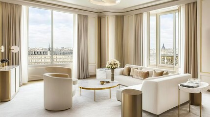 Fototapeta premium Parisian luxury suite, city view, relaxing interior, hotel room
