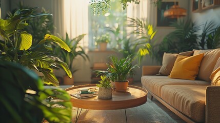 Fototapeta premium Comfortable armchair surrounded by an array of healthy green plants in a sun-filled room with brick walls