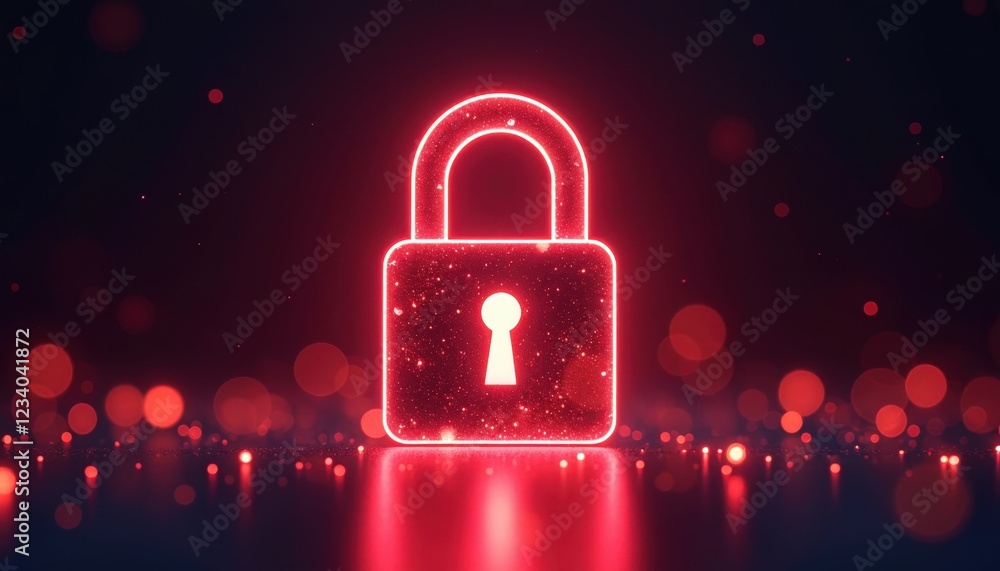 Poster red glowing padlock symbol against a dark background with bokeh lights. represents digital security 