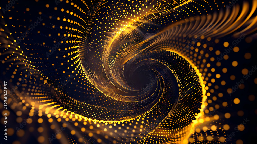 Poster abstract swirling pattern with golden dots on a dark background.