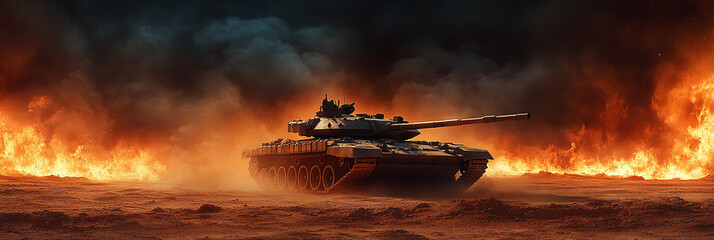 Tank in fiery battlefield; smoke and flames engulf the desolate landscape.