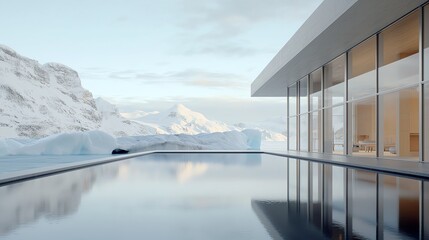Modern glass house by serene infinity pool, reflecting snowy mountain scenery, architectural elegance.
