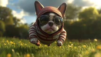 A playful puppy in a striped hoodie and aviator glasses, jumping through a grassy field.