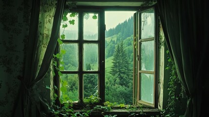 Fototapeta premium Through a window framed with ivy, a breathtaking view of a verdant valley unfolds under misty skies, blending nature with mystery.