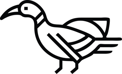 Simple line drawing, black and white, stylized bird, crow or raven, minimalist design, thick outline, cartoon style, side view, standing pose, curved beak, single continuous line, tribal art influence