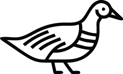 Simple line drawing, black and white, stylized bird, crow or raven, minimalist design, thick outline, cartoon style, side view, standing pose, curved beak, single continuous line, tribal art influence