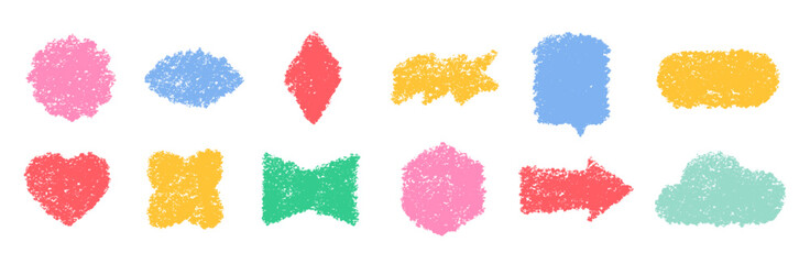 Pencil Color Squiggle Retro Geometric Stickers Vector Set. Chalk Scribble Handcrafted Sign Shapes Collection. Colorful Hand Drawn Brush Texture Squiggle Labels. Pencil Charcoal Vintage Emblems Bundle