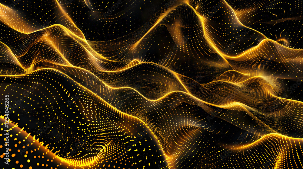 Poster abstract golden waves with flowing patterns on a dark background.