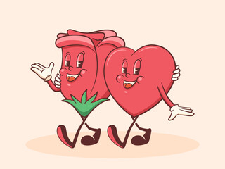 Valentines Day Groovy Heart and Rose Bud Flower Retro Characters Illustration. Cartoon Love Holiday Personages. Vector Cute Valentine Mascot Template Background. Happy Vintage Cool Drawing. Isolated