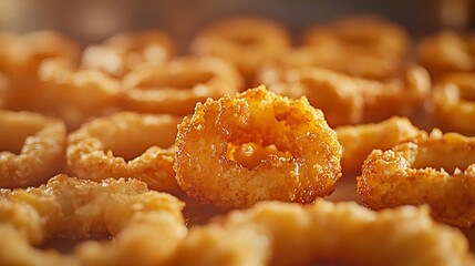 Golden fried onion rings beautifully arranged warm light. AI Generated