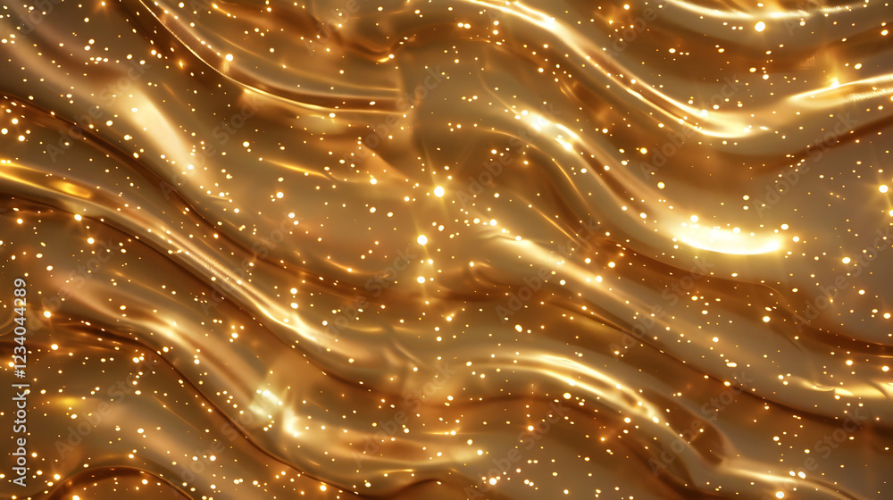 Poster a shimmering golden wave pattern with sparkling elements, ideal for backgrounds or designs.