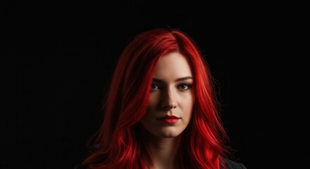 Fototapeta premium Striking Portrait of a Woman with Vibrant Red Hair on Black Background - Studio Photograph for Use in Fashion, Style, and Beauty Features