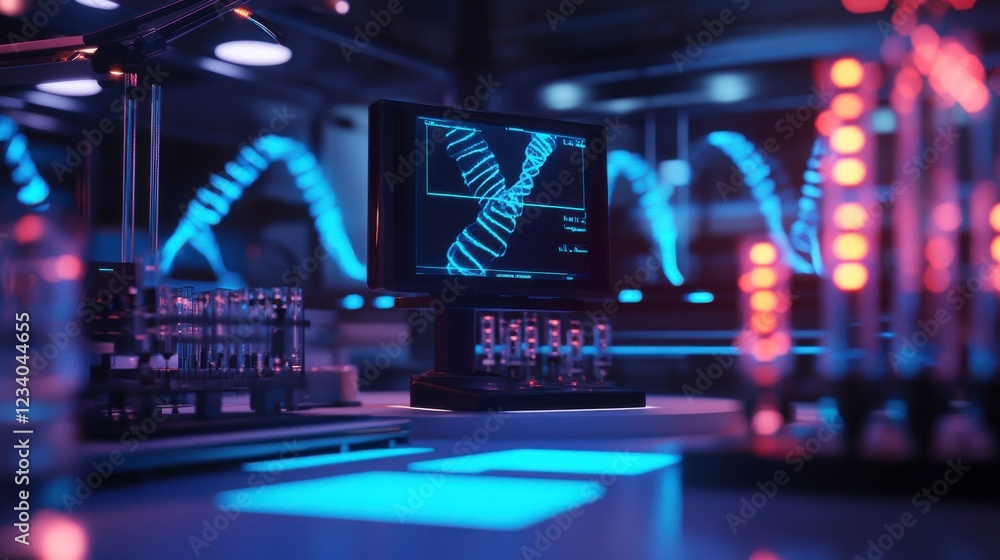 Poster a futuristic lab scene showcasing glowing equipment, a computer screen displaying waveforms, and ill
