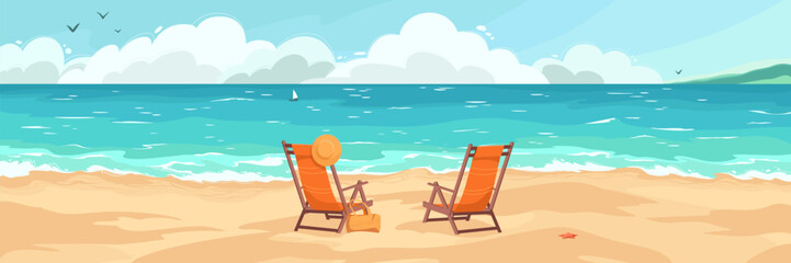 Hand drawn vector illustration. Relaxing on the ocean shore on a sunny day. Sandy beach and two chairs. Elongated horizontal composition for web banners, advertising and design.