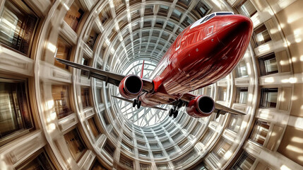 Obraz premium Red plane flies through futuristic circular building, plane framed perfectly in modern architecture, plane creating surreal and dynamic travel concept