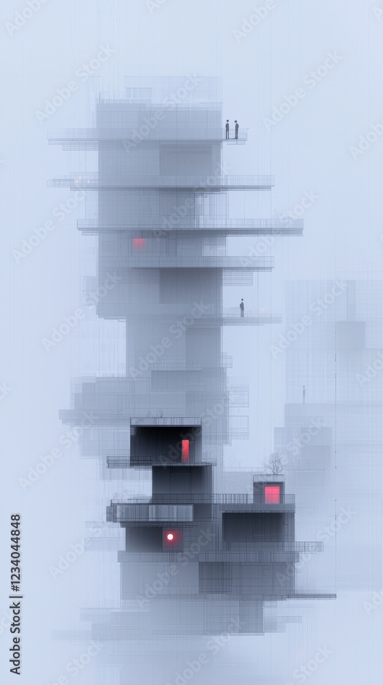 Poster creative solutions of abstract architecture in foggy environment with minimalist design