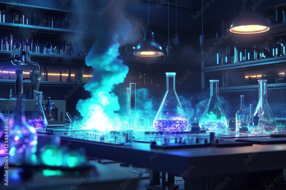 Poster a vibrant laboratory filled with glowing flasks and colorful smoke, creating a mysterious and dynami