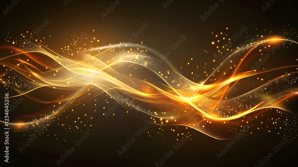 Poster a dynamic abstract design featuring glowing waves and particles in warm tones.