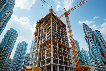 High-rise construction: tower cranes amidst rising skyscrapers under a bright sky.
