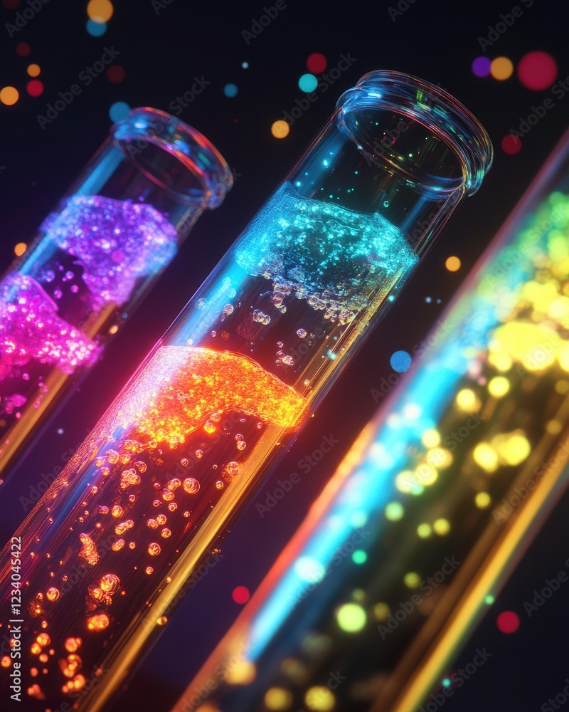 Poster vibrant test tubes filled with colorful liquids and sparkling bubbles against a dark background, cre