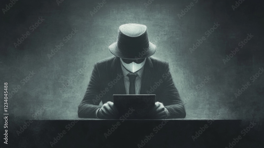 Poster mysterious figure in hat and suit using tablet in dim light.