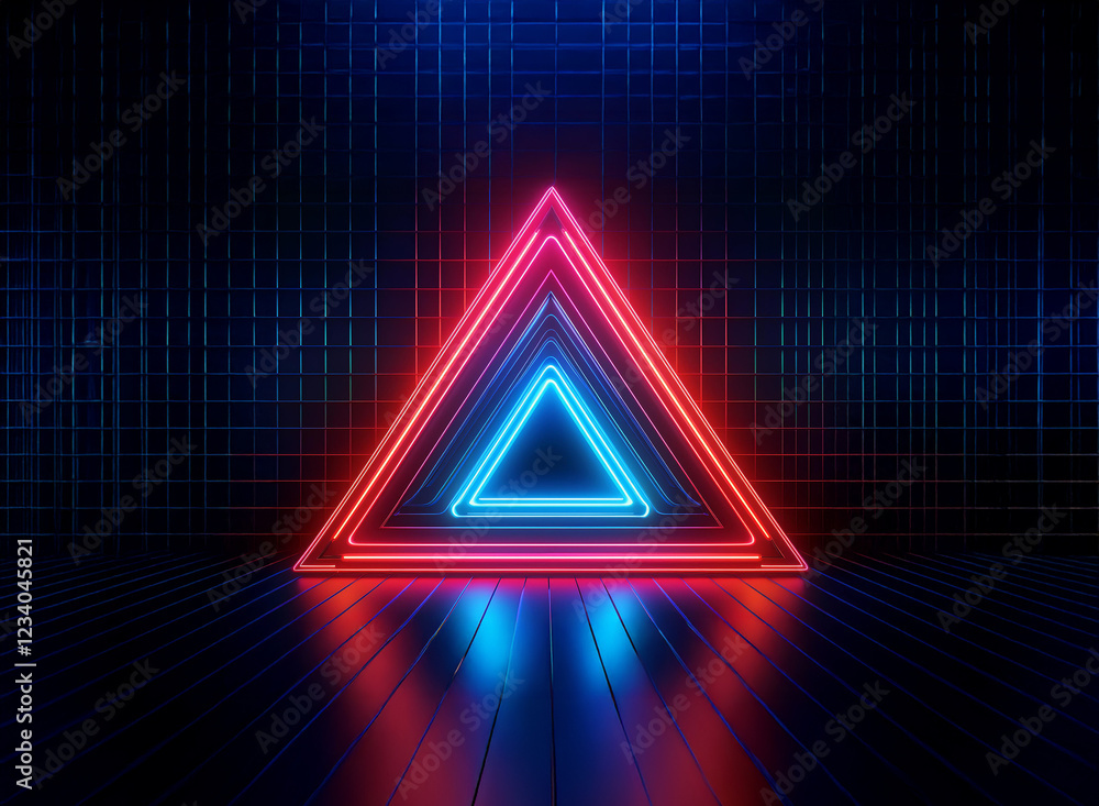 Aufkleber glowing neon triangles in red and blue, nested within each other, stand on a dark reflective floor a