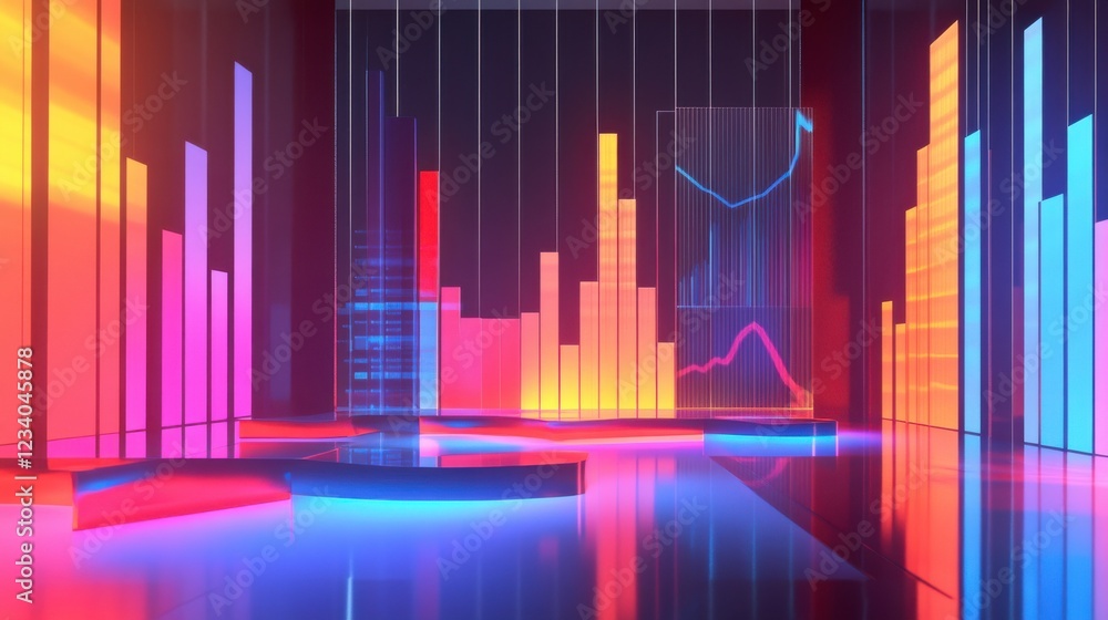 Poster a vibrant, colorful digital landscape featuring bar graphs and wave patterns, representing data visu