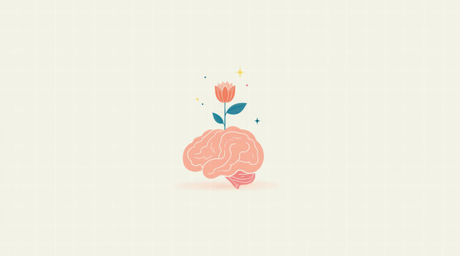 Mind growth.  Flower blooming from brain.  Mental wellness concept.  Inner peace and self-care.