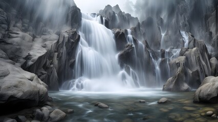 Obraz premium Serene long-exposure photograph of a misty waterfall cascading down grey rocks into a tranquil pool.
