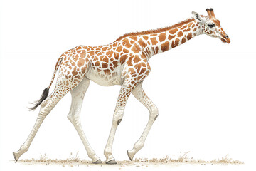 Naklejka premium Young giraffe walking, brown and white patterned coat, long neck and legs.