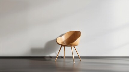 Wooden chair in minimalistic room with sunlight on white wall.