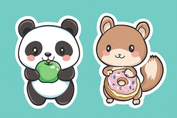 Cute panda and squirrel eating; green background; children's book illustration