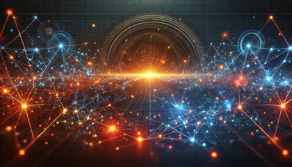 Fototapeta premium Futuristic Digital Network Background with Glowing Data Connections in Blue, Orange, and Red: Big Data and Technology Innovation Concept