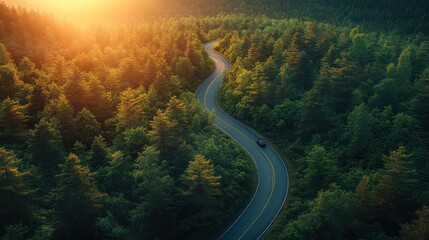 Sunset Drive Through Lush Forest: Aerial View of Winding Road and Car