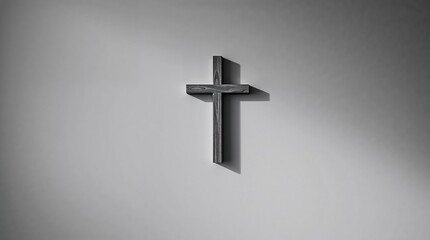 Naklejka premium Black cross on gray wall with soft shadow and minimalistic lighting.