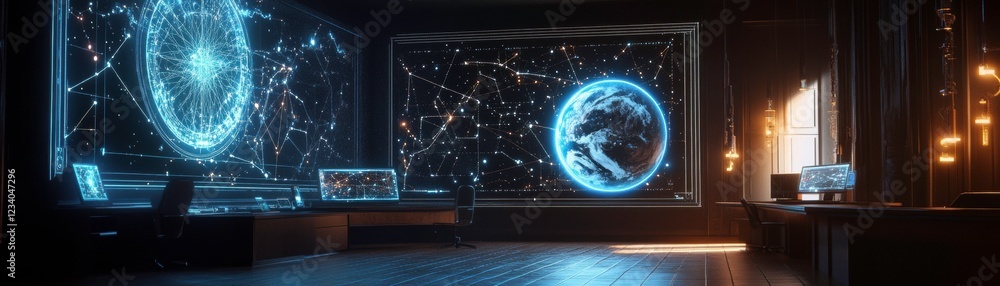 Poster a futuristic room featuring holographic displays of a globe and interconnected data, illuminated by 
