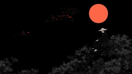 Serene meditation under a red sun natural landscape conceptual art tranquil environment artistic viewpoint