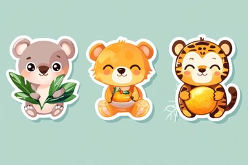 Cute animal stickers koala, bear, tiger;  pastel background;  children's design