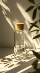 Elegant reusable glass water bottle with bamboo lid on beige surface